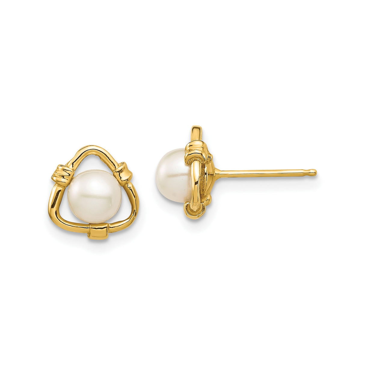 14k Yellow Gold Stud Earrings with Cultured Pearl in Open Knot Triangle Design