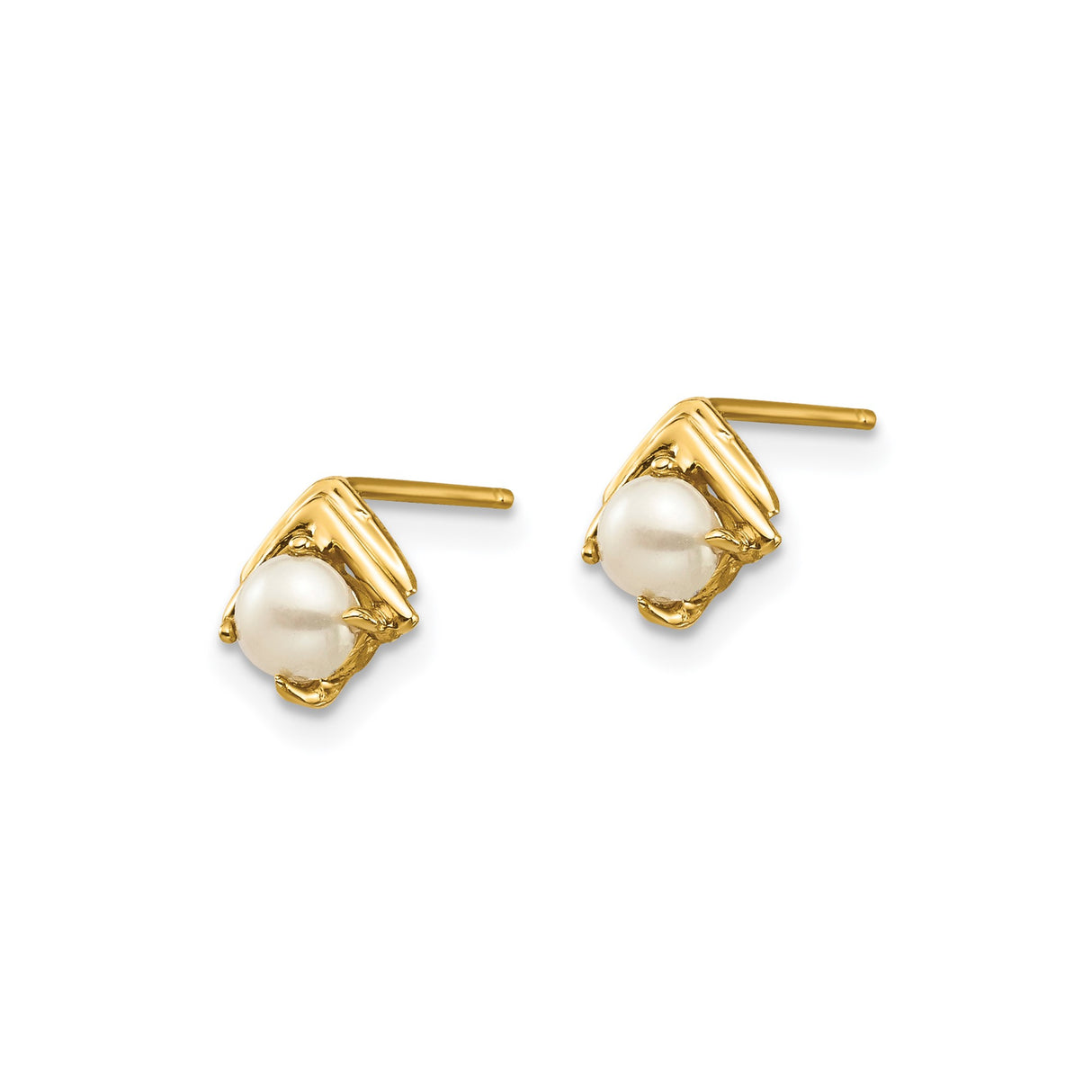 14k Yellow Gold Stud Earrings with Round White Pearls, Chevron Frame Design for Women