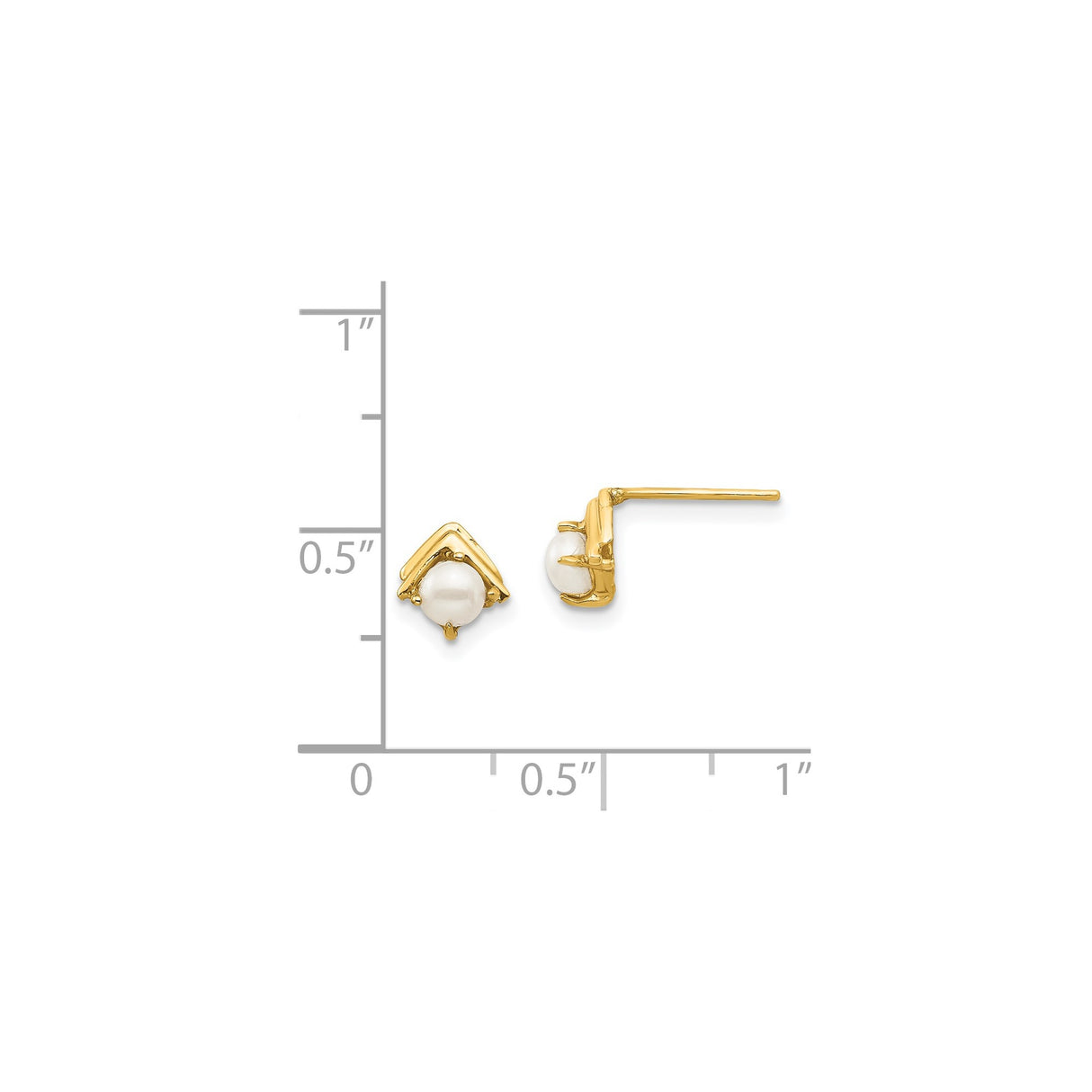 14k Yellow Gold Stud Earrings with Round White Pearls, Chevron Frame Design for Women
