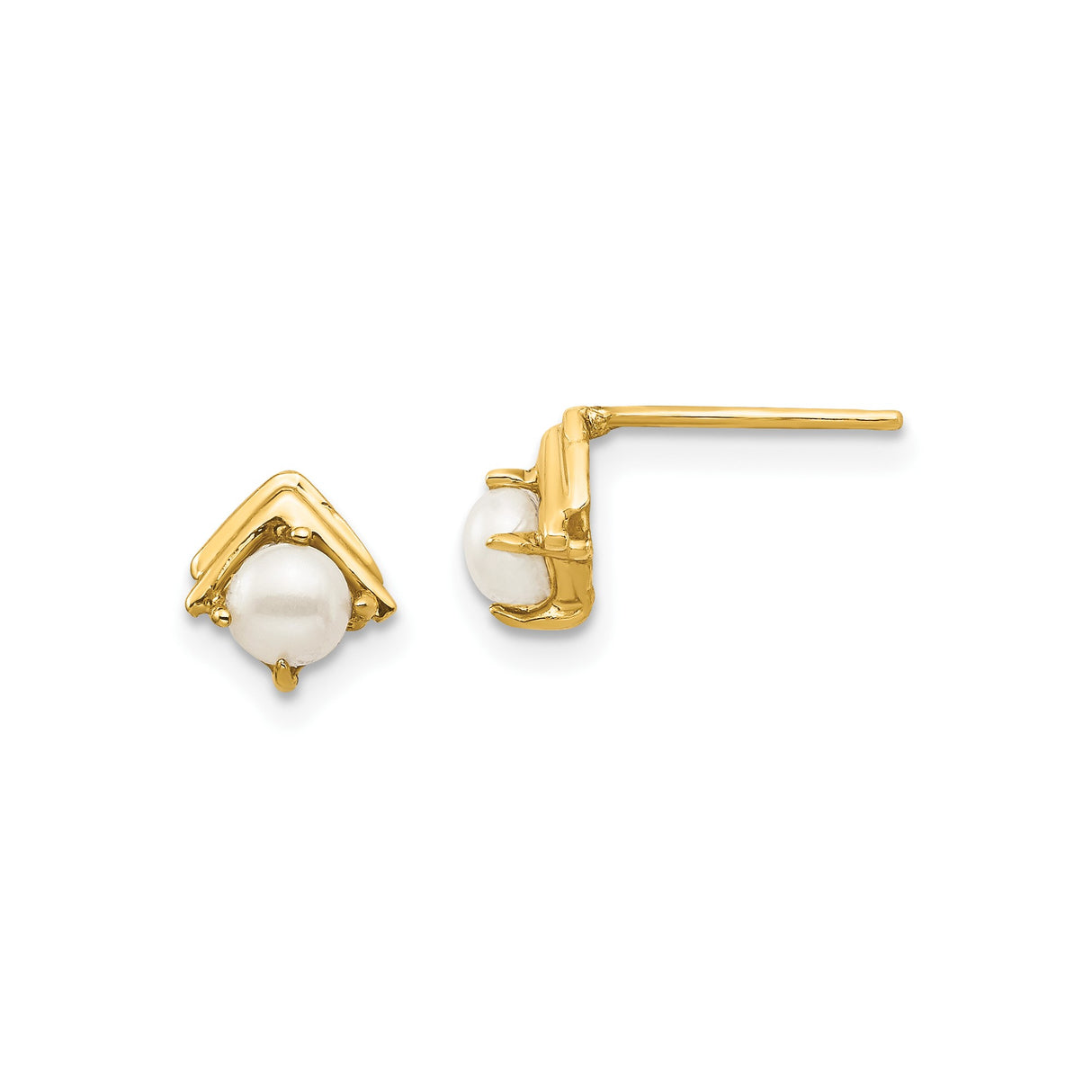 14k Yellow Gold Stud Earrings with Round White Pearls, Chevron Frame Design for Women