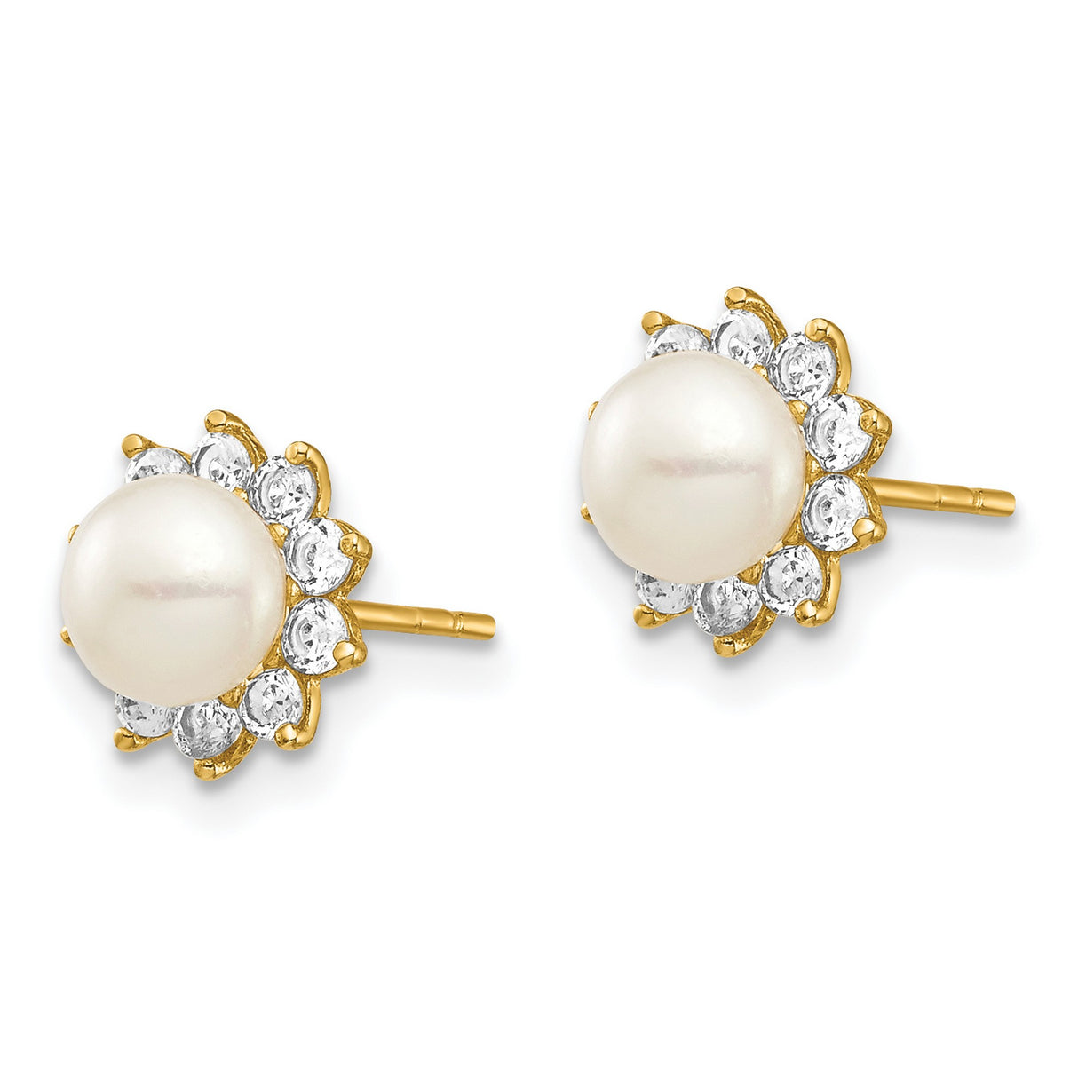 14k Yellow Gold Pearl Stud Earrings with Cubic Zirconia Halo Floral Design