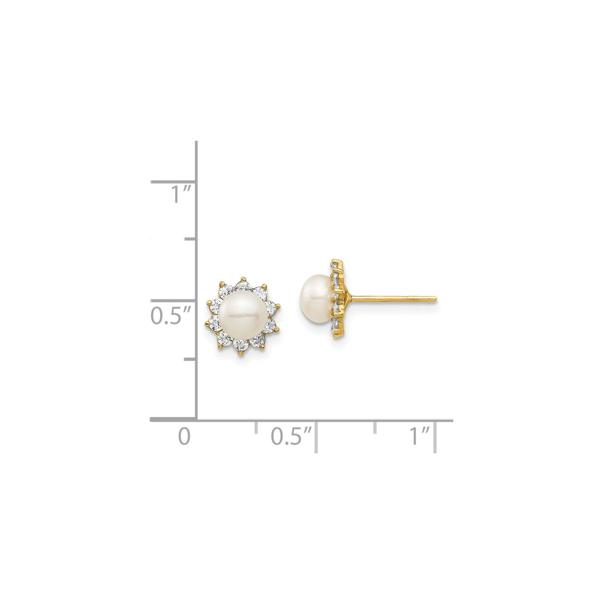 14k Yellow Gold Pearl Stud Earrings with Cubic Zirconia Halo Floral Design