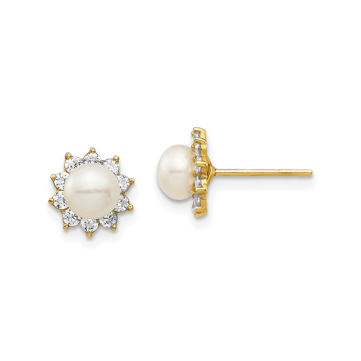 14k Yellow Gold Pearl Stud Earrings with Cubic Zirconia Halo Floral Design