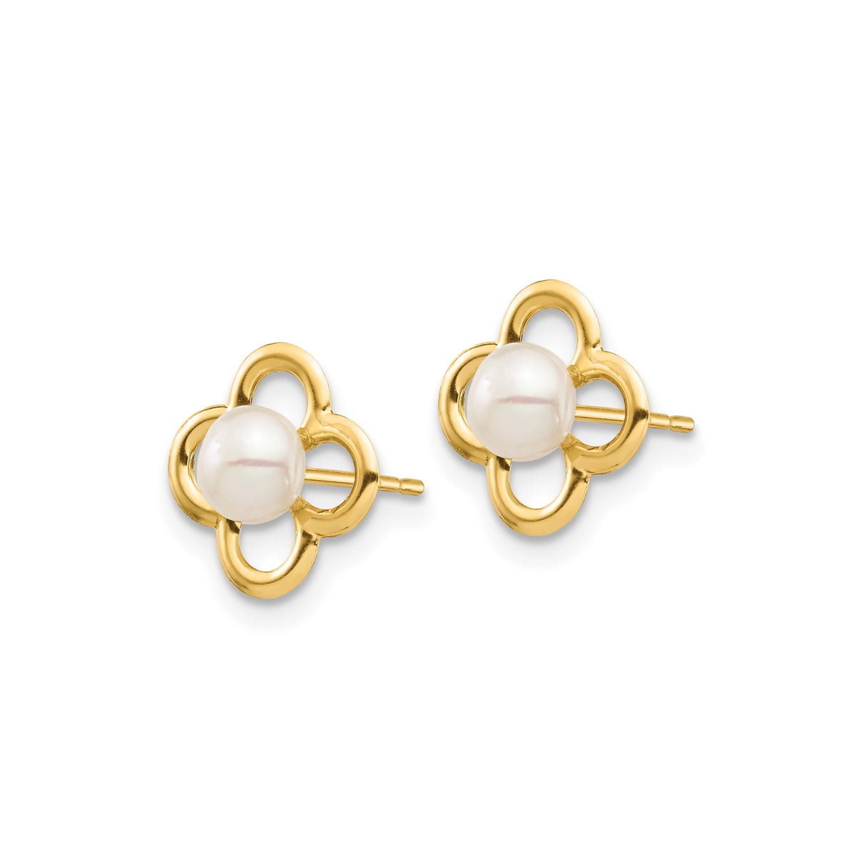 14k Yellow Gold Stud Earrings with White Pearl, Quatrefoil Flower Design, Feminine Style