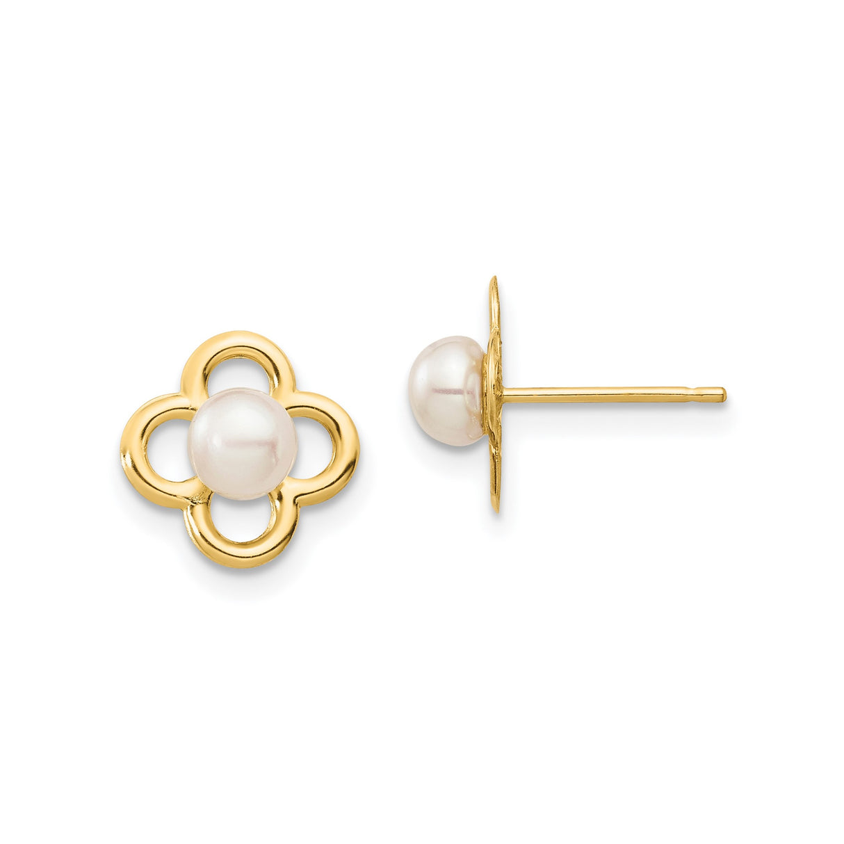 14k Yellow Gold Stud Earrings with White Pearl, Quatrefoil Flower Design, Feminine Style