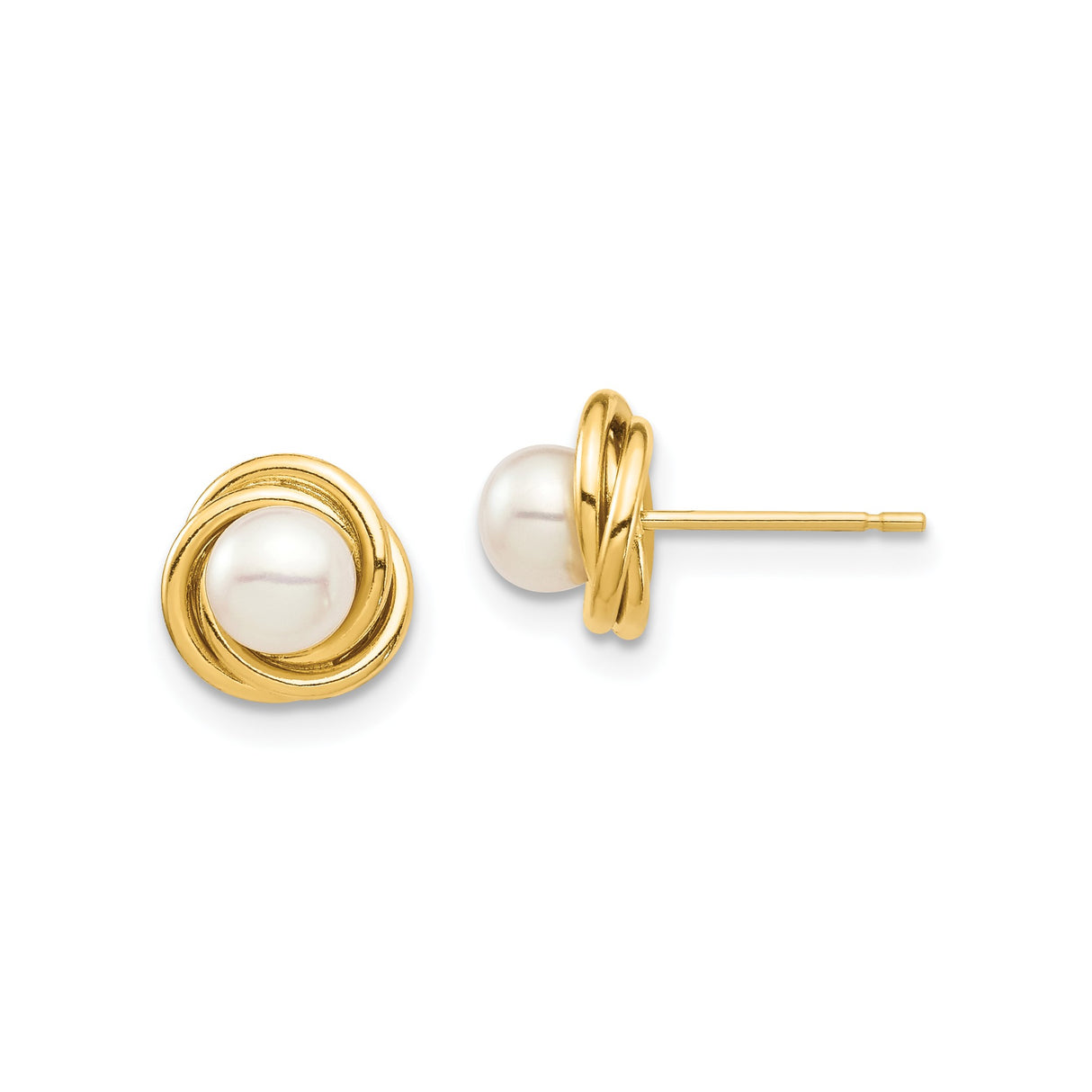 14k Yellow Gold Stud Earrings with White Pearl, Classic Love Knot Design