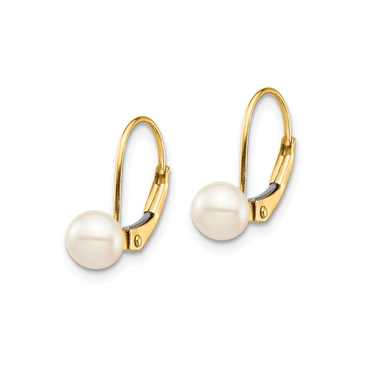 14k Yellow Gold Leverback Dangle Earrings with Round White Cultured Pearls for Women