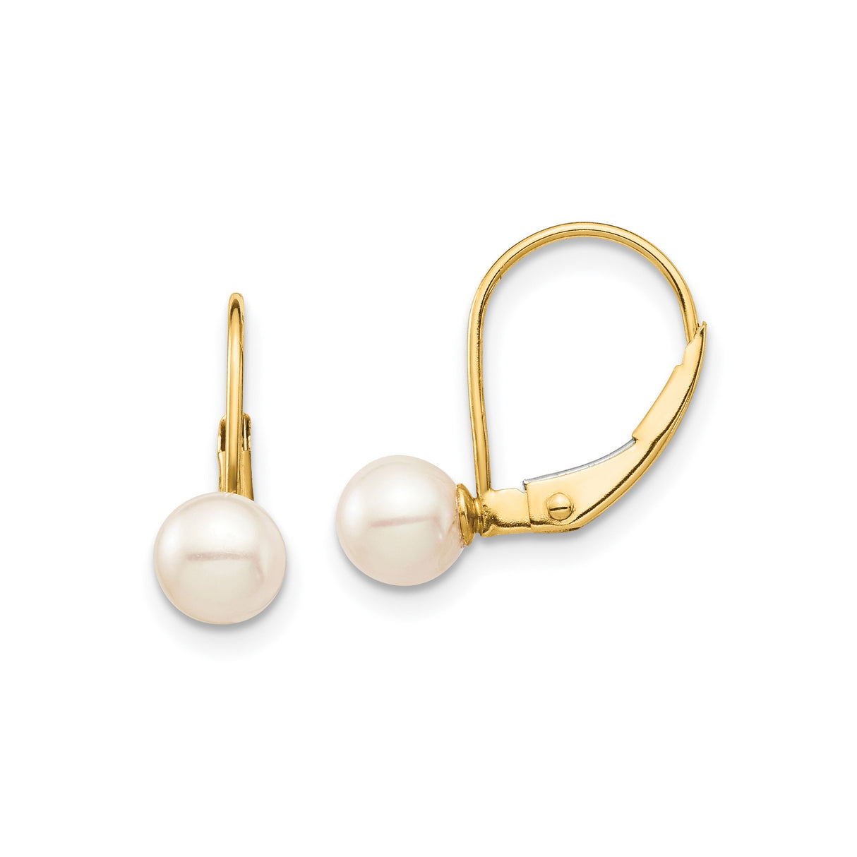 14k Yellow Gold Leverback Dangle Earrings with Round White Cultured Pearls for Women