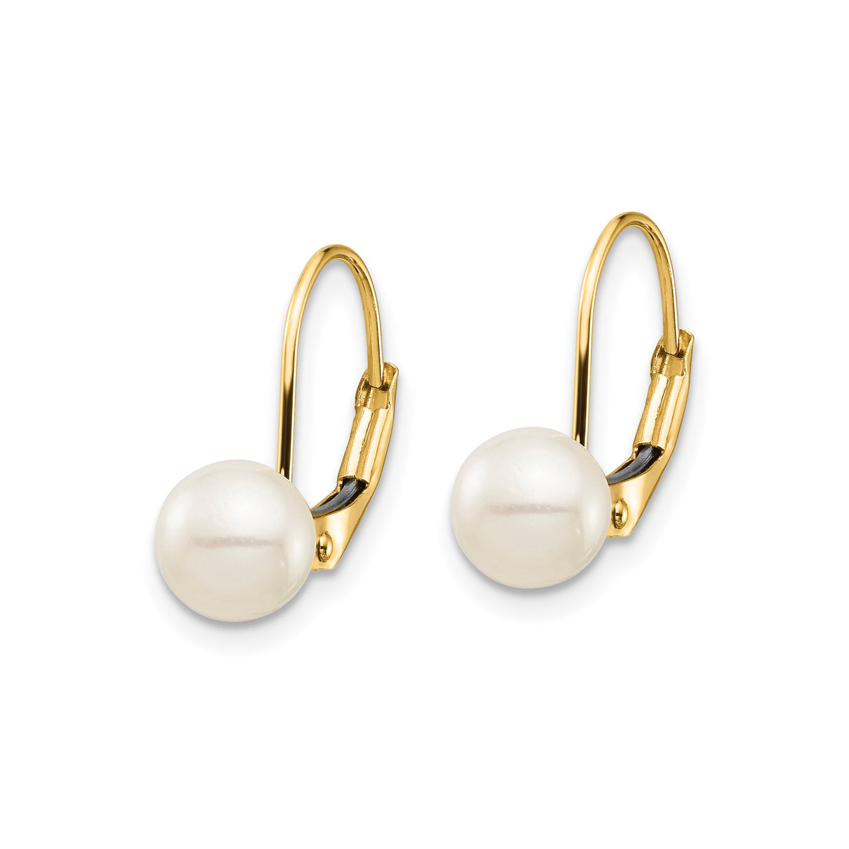 14k Yellow Gold Leverback Earrings with Round White Freshwater Pearls, Classic Dangle Design