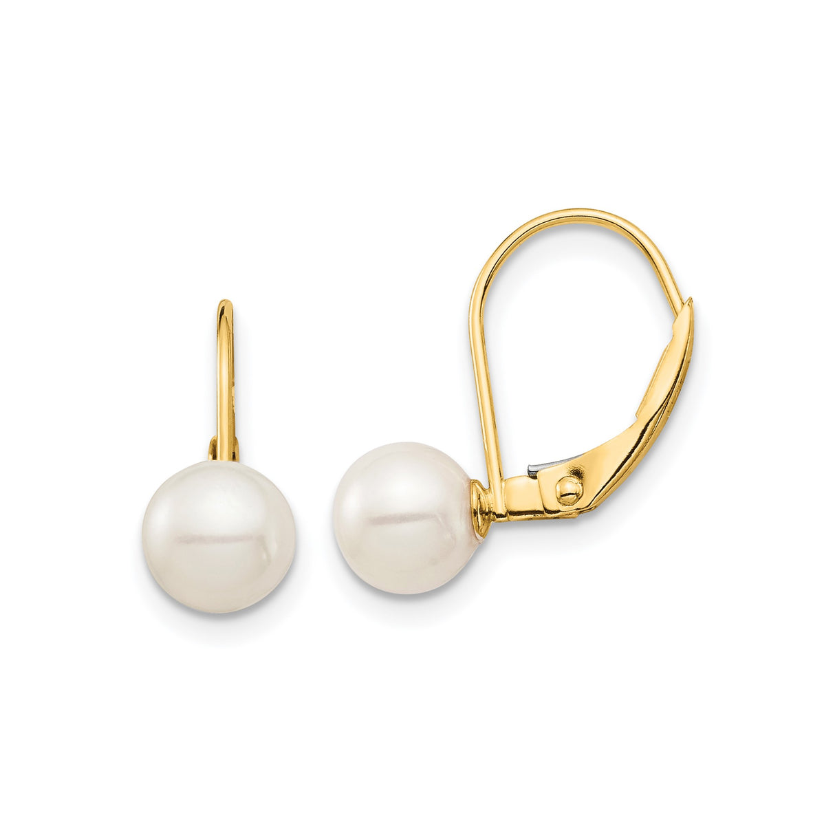 14k Yellow Gold Leverback Earrings with Round White Freshwater Pearls, Classic Dangle Design