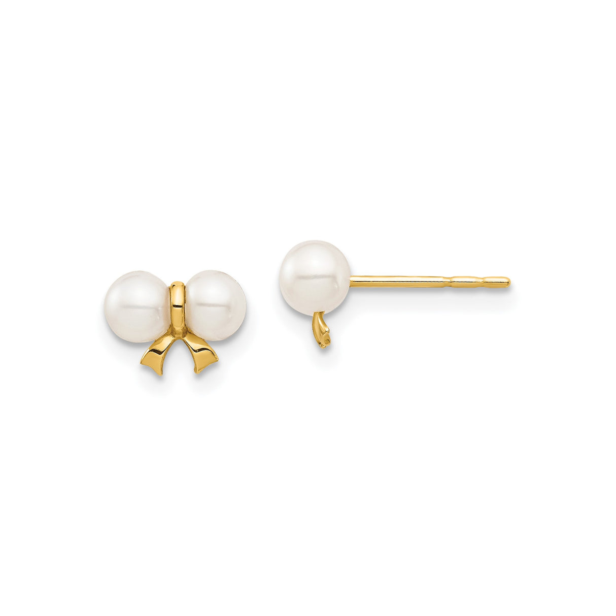 14k Yellow Gold Stud Earrings with Cultured Pearls, Bow Design, Classic Feminine Style