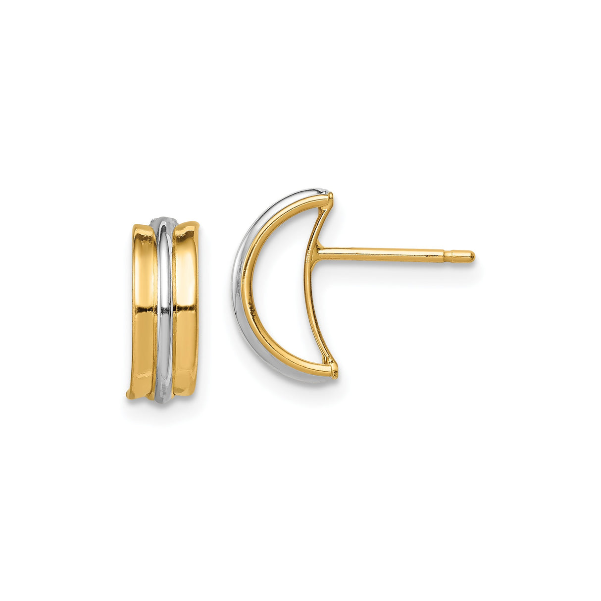 14k Yellow Gold Earrings, Two-Tone Rhodium Double-Band Half-Hoop Studs, Geometric Minimalist Style