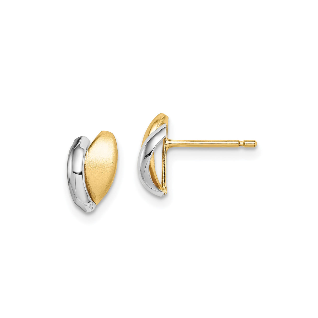 14k Yellow Gold Stud Earrings with Curved Two-Tone Rhodium Design for Women