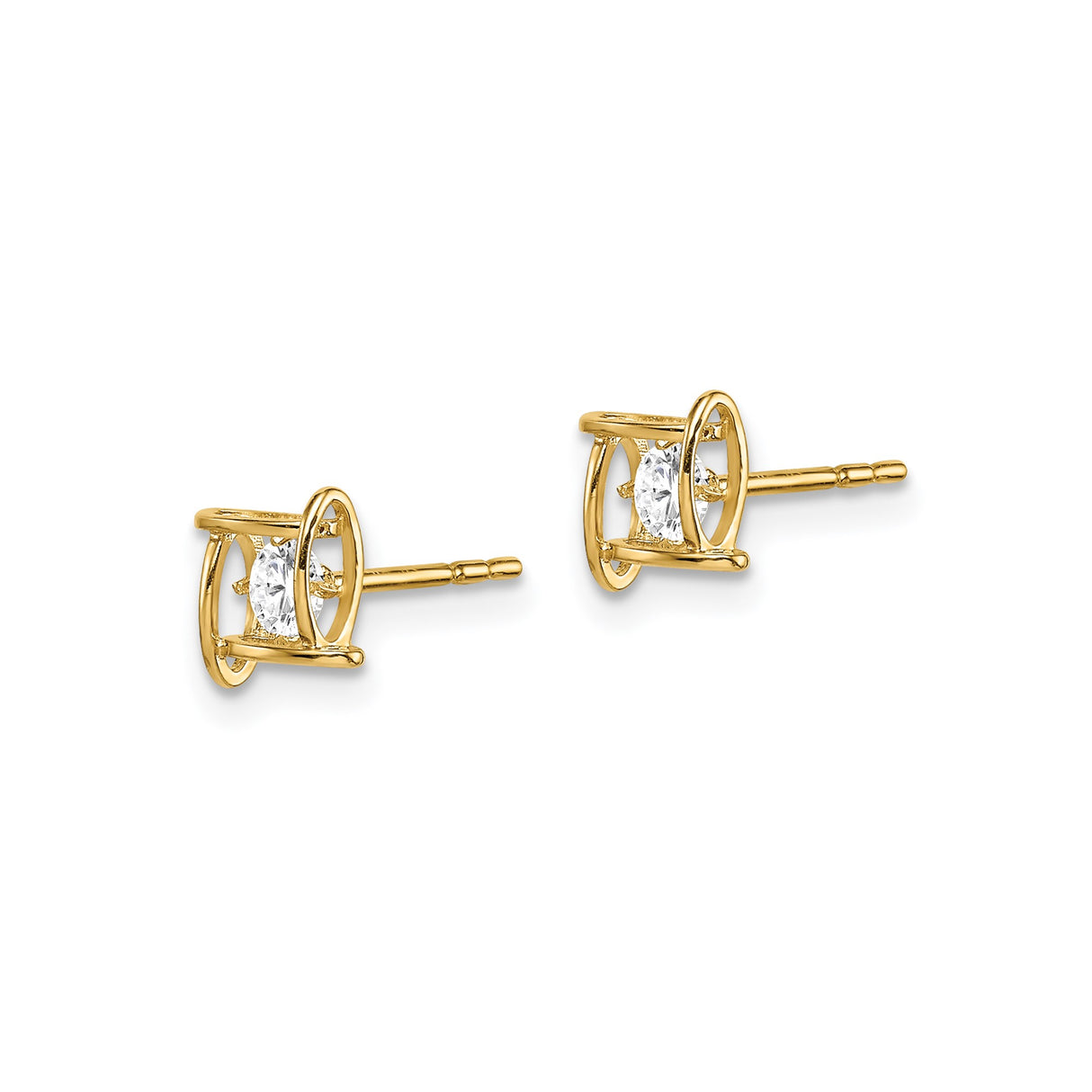 14k Yellow Gold Stud Earrings with Round Cubic Zirconia in Geometric Minimalist Design