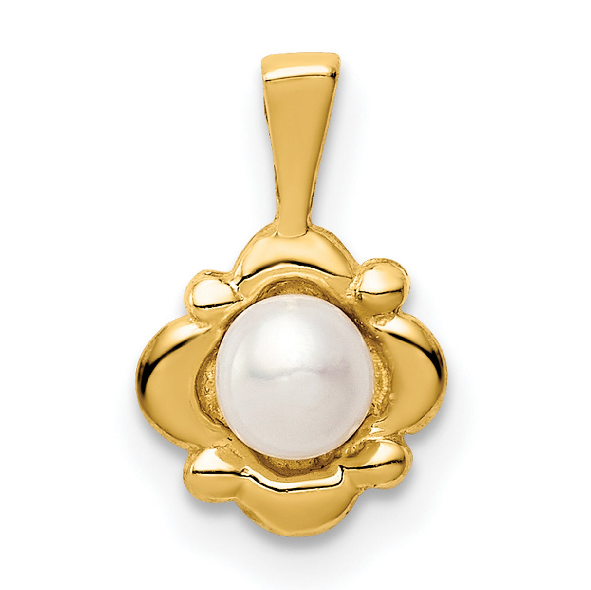 Childrens 4-5mm White Button Freshwater Cultured Pearl Charm Pendant in Real 14k Yellow Gold