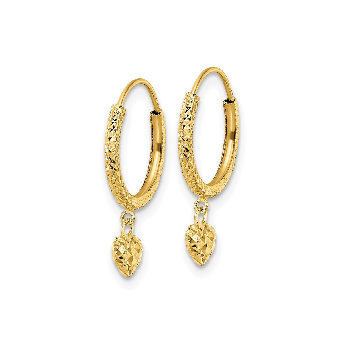 14k Yellow Gold Hoop Earrings with Diamond Cut Texture and Dangling Heart Charm
