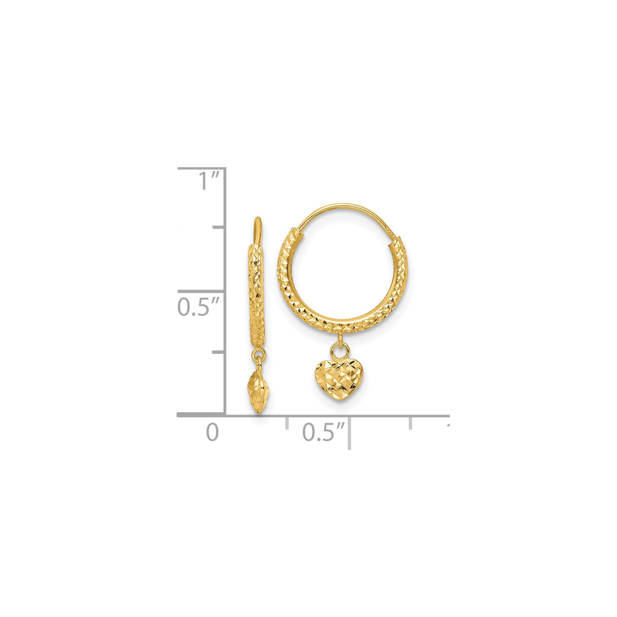 14k Yellow Gold Hoop Earrings with Diamond Cut Texture and Dangling Heart Charm