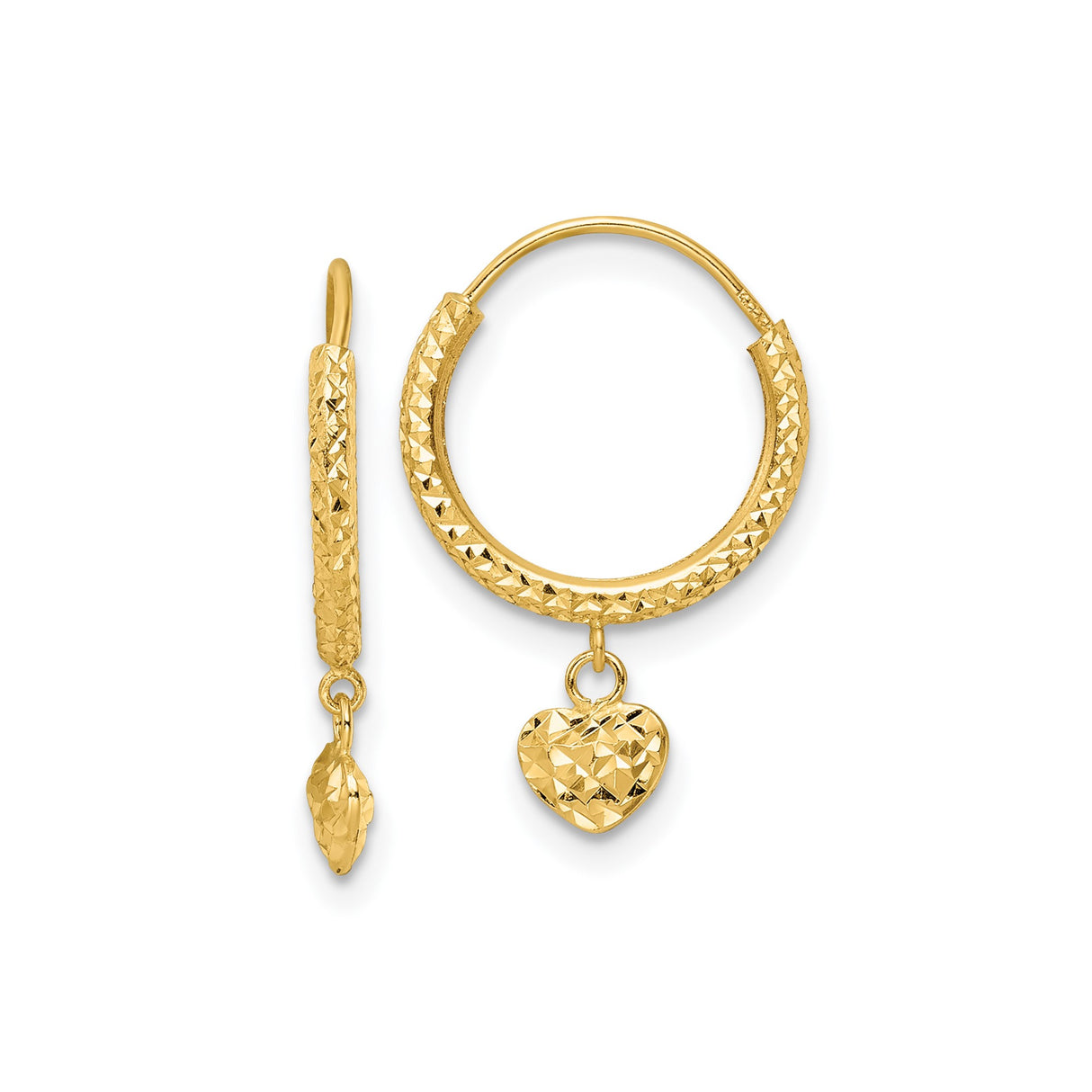 14k Yellow Gold Hoop Earrings with Diamond Cut Texture and Dangling Heart Charm