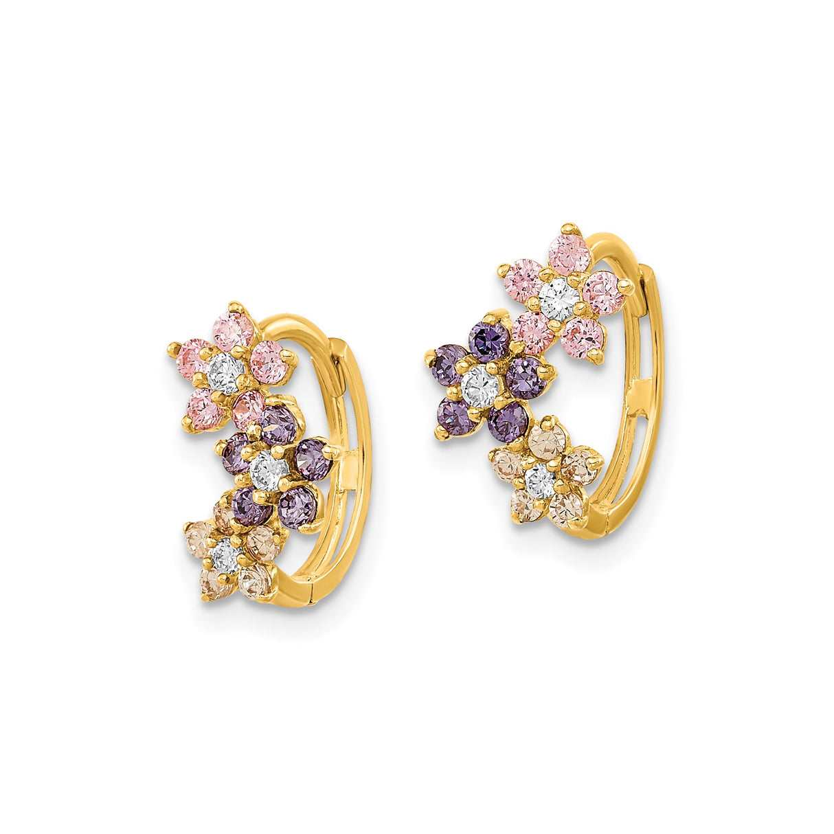 14k Yellow Gold Hoop Earrings with Cubic Zirconia, Floral Motif, Multicolor Cluster Design