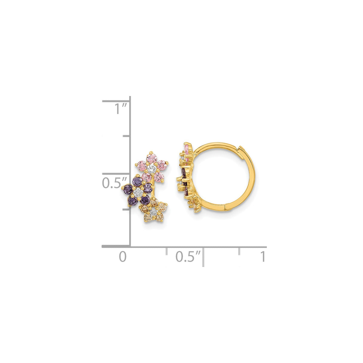 14k Yellow Gold Hoop Earrings with Cubic Zirconia, Floral Motif, Multicolor Cluster Design