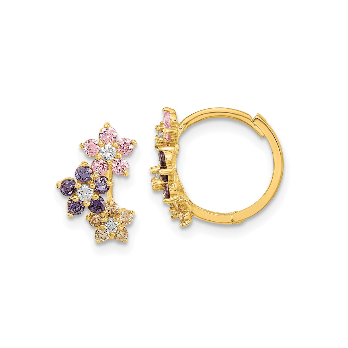 14k Yellow Gold Hoop Earrings with Cubic Zirconia, Floral Motif, Multicolor Cluster Design