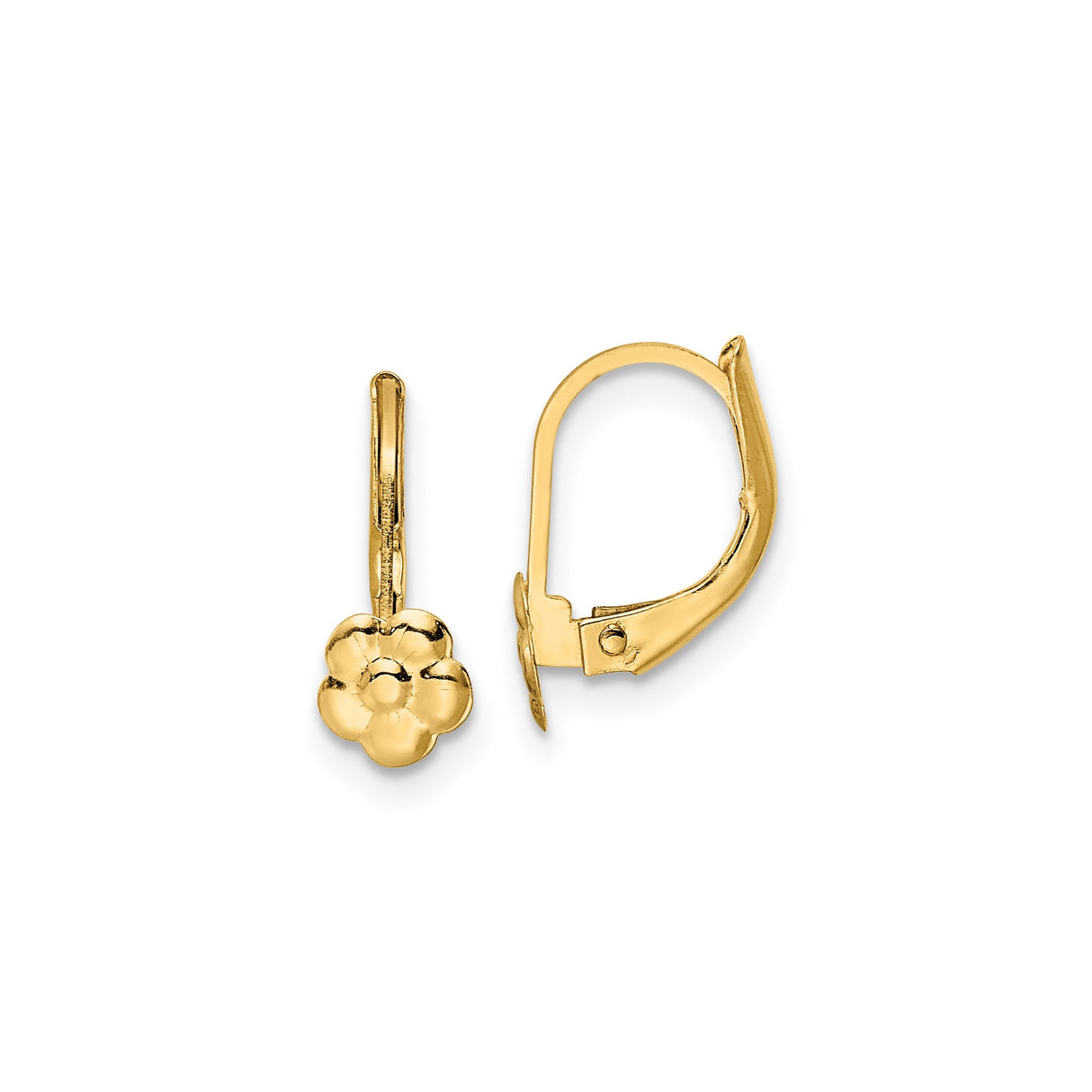 14k Yellow Gold Leverback Earrings, Dainty Floral Drop Design for Women