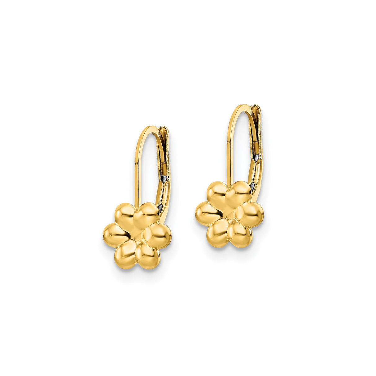 14k Yellow Gold Leverback Earrings with Polished Puffed Flower Design for Girls