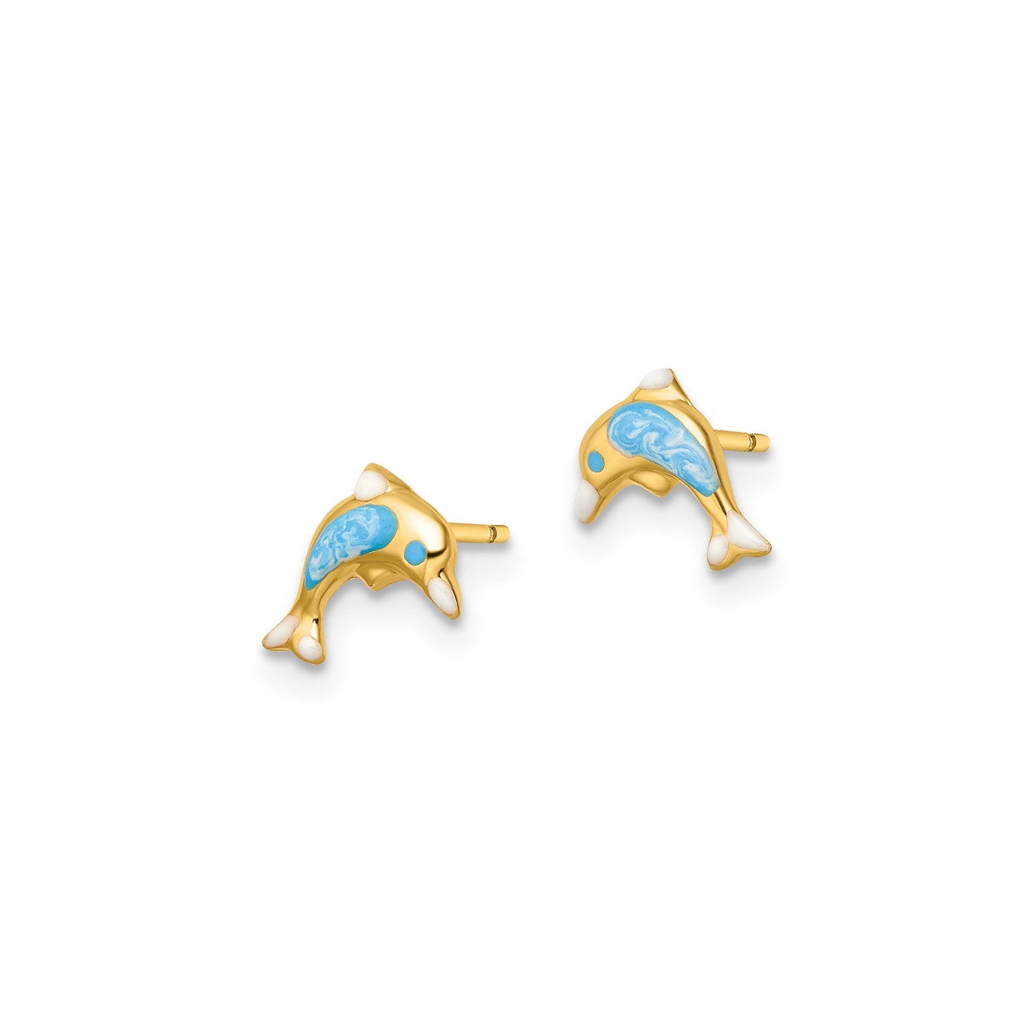 14k Yellow Gold Dolphin Stud Earrings with Blue and White Enamel, Marine Theme