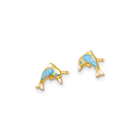 14k Yellow Gold Dolphin Stud Earrings with Blue and White Enamel, Marine Theme