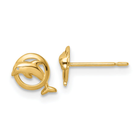 14k Yellow Gold Dolphin Stud Earrings with Jumping Dolphin in Circle Frame