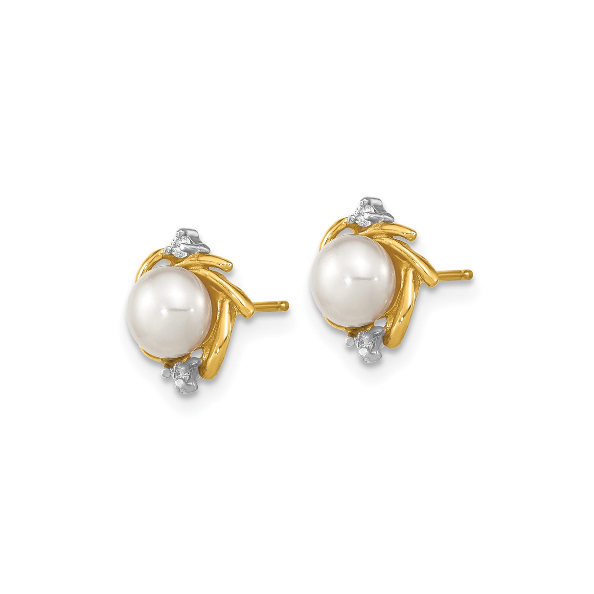 14k Yellow Gold Pearl Stud Earrings with Diamond Accents, Floral Design for Women