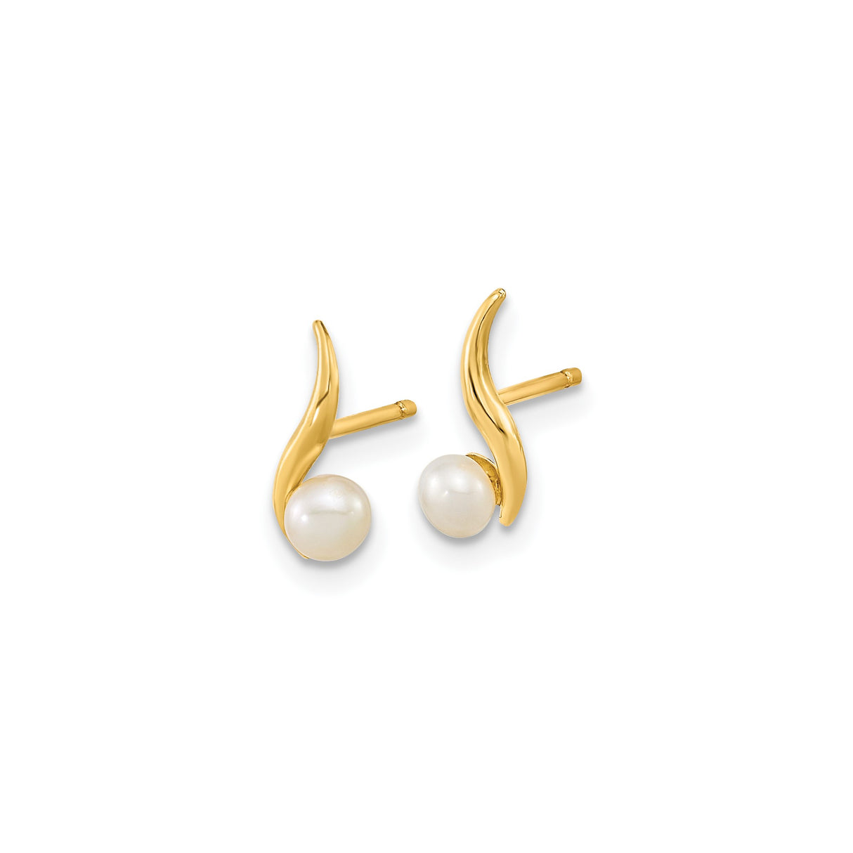 14k Yellow Gold Stud Earrings with Round Freshwater Pearls, Modern Wave Design for Women