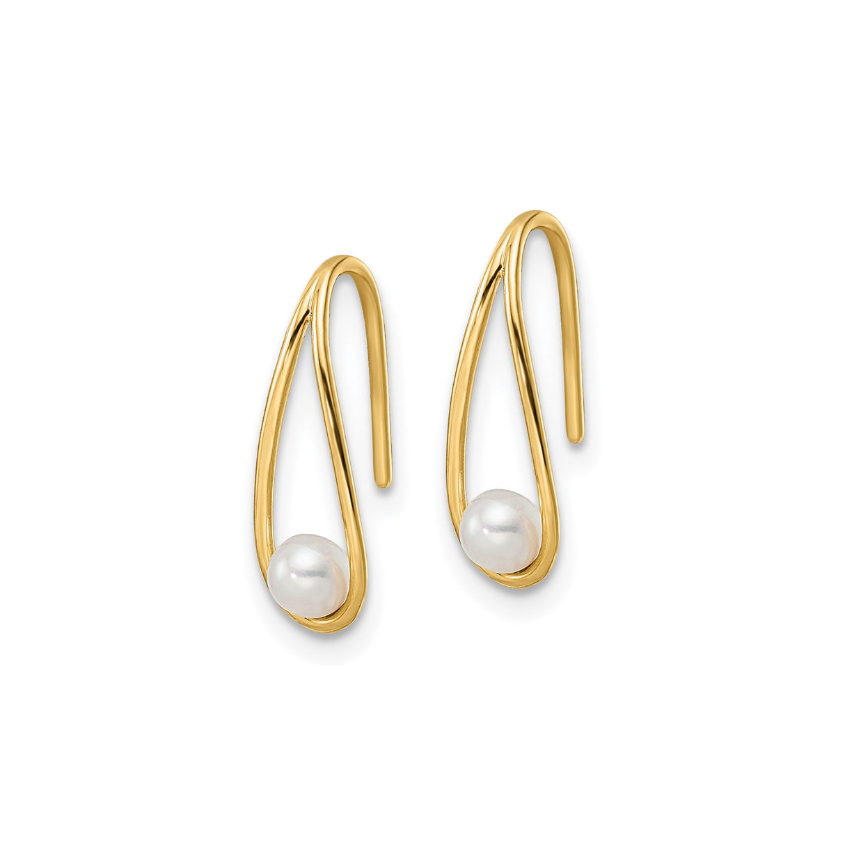 14k Yellow Gold Dangle Earrings with White Cultured Pearl, Open Teardrop Minimalist Design
