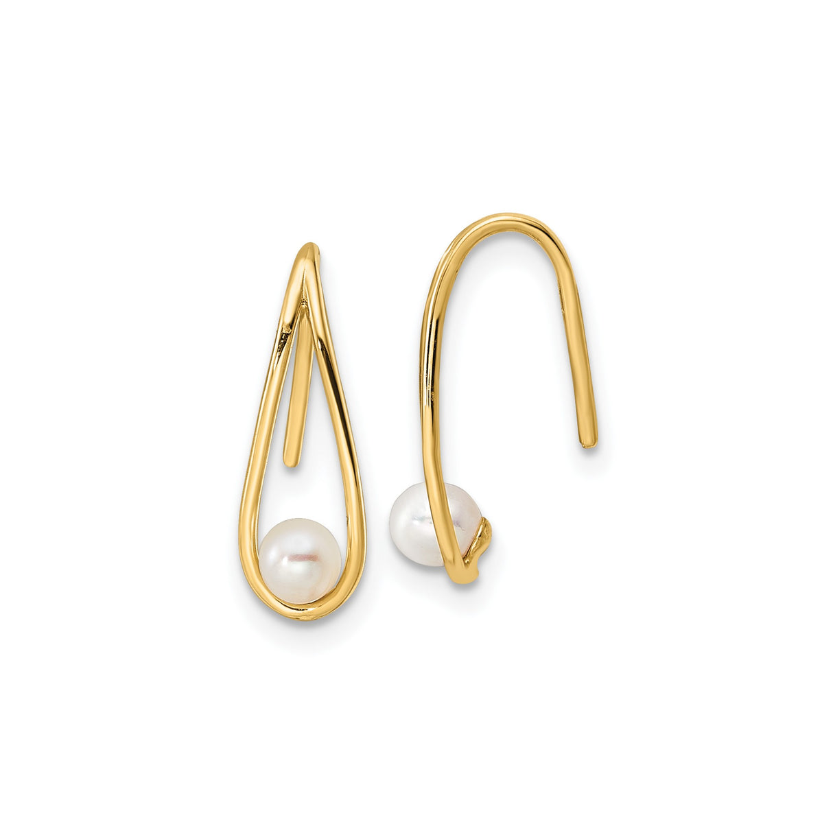 14k Yellow Gold Dangle Earrings with White Cultured Pearl, Open Teardrop Minimalist Design