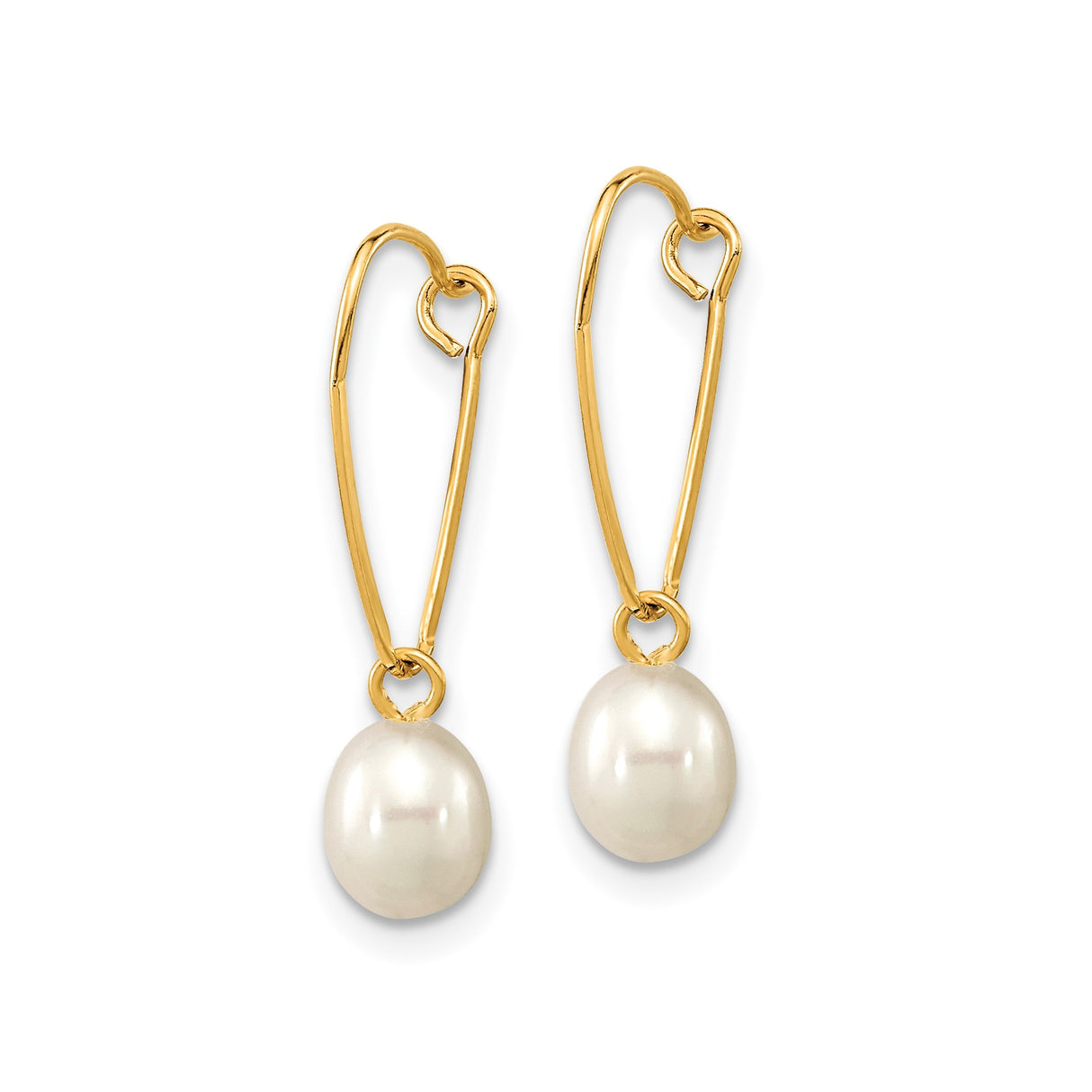 14k Yellow Gold Dangle Earrings with Oval White Pearls, Classic Drop Design for Women