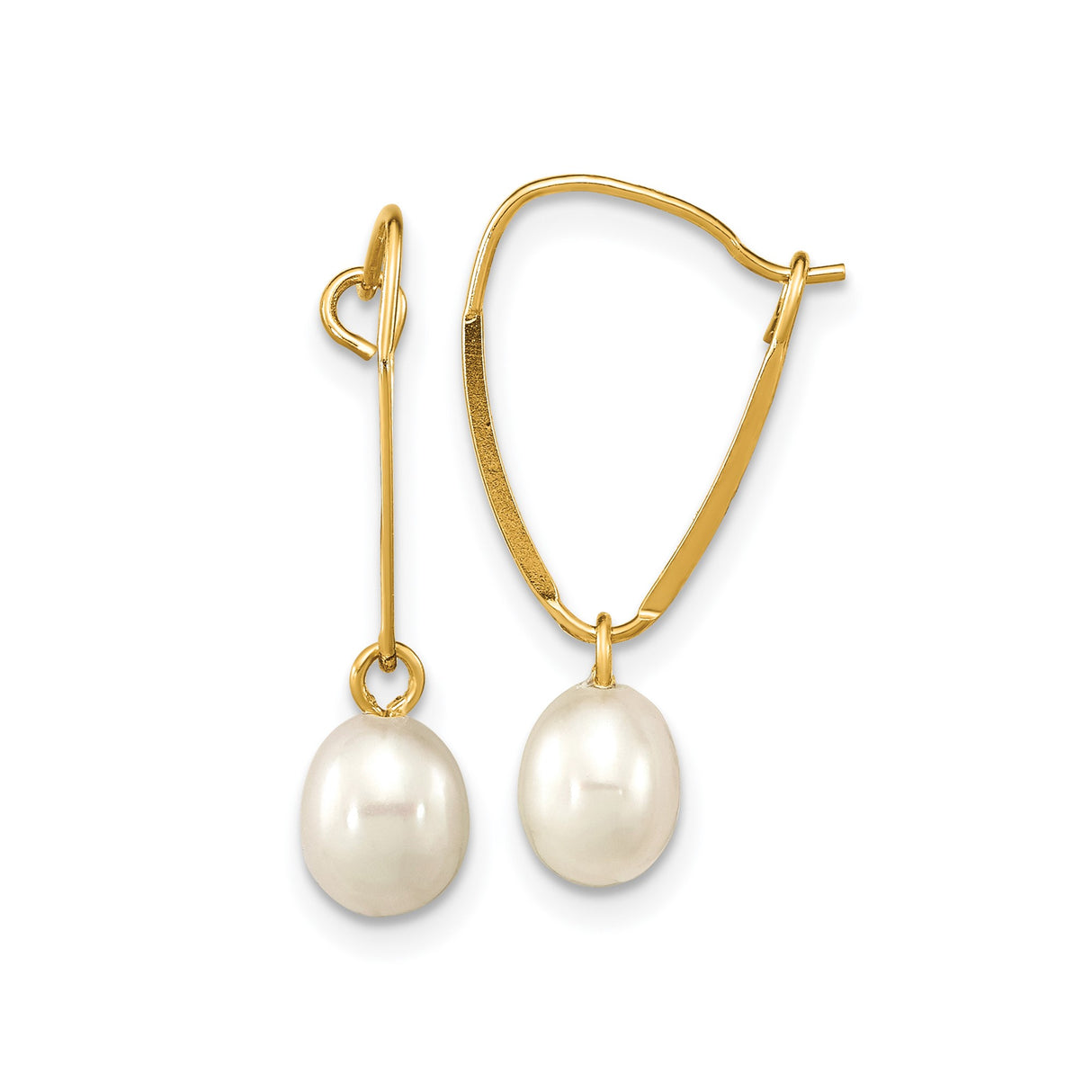 14k Yellow Gold Dangle Earrings with Oval White Pearls, Classic Drop Design for Women