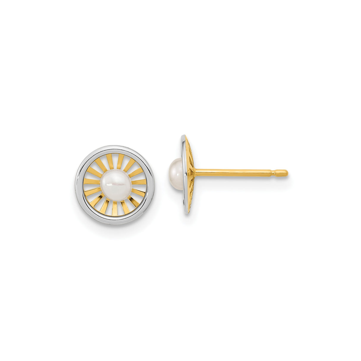 14k Two-Tone Gold Stud Earrings with Round White Pearl and Sunburst Design