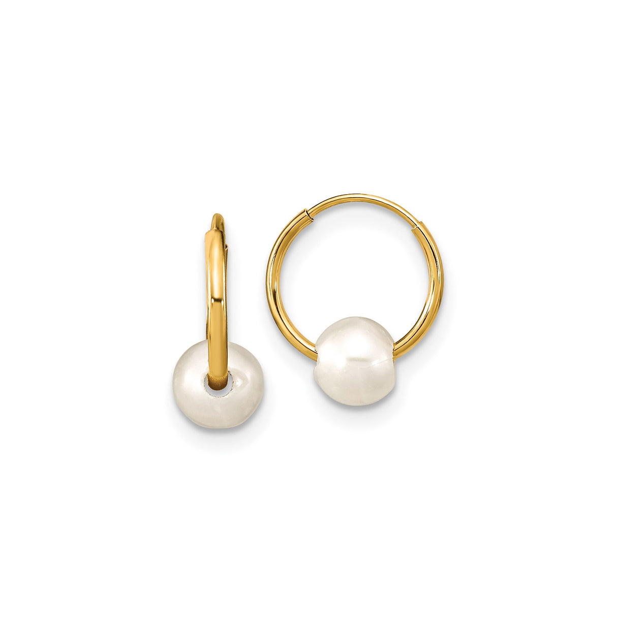 14k Yellow Gold Hoop Earrings with White Freshwater Pearl Drops, Minimalist Design