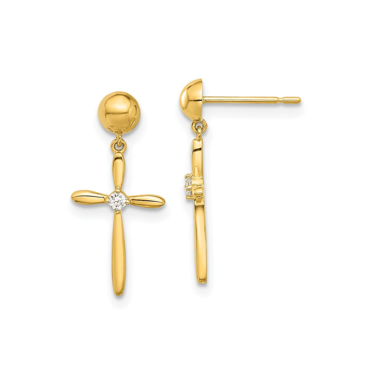 14k Yellow Gold Cross Pendant with Cubic Zirconia, Polished Minimalist Faith Jewelry