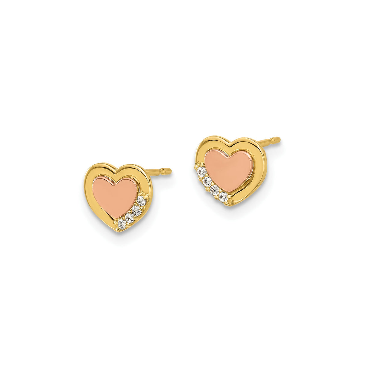 14k Yellow Gold Heart Stud Earrings with Cubic Zirconia and Rose Gold Center