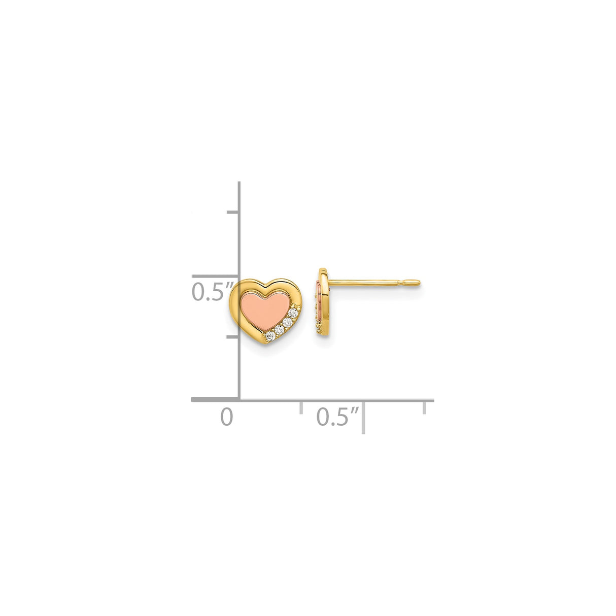 14k Yellow Gold Heart Stud Earrings with Cubic Zirconia and Rose Gold Center