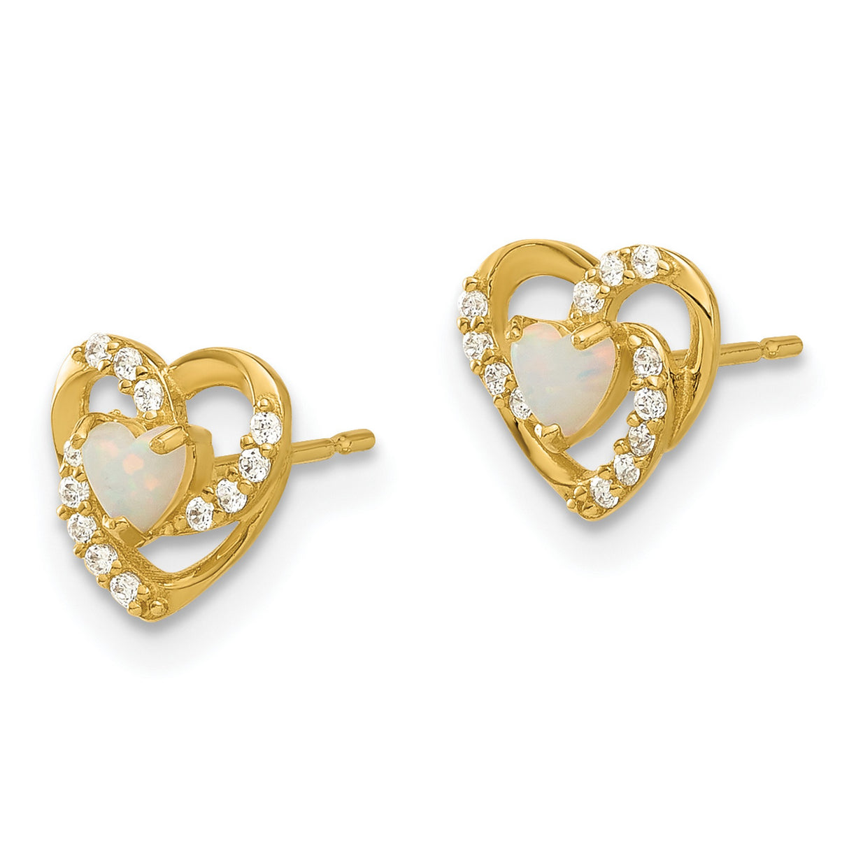 14k Yellow Gold Heart Stud Earrings with Lab Created Opal and Cubic Zirconia Accents for Women