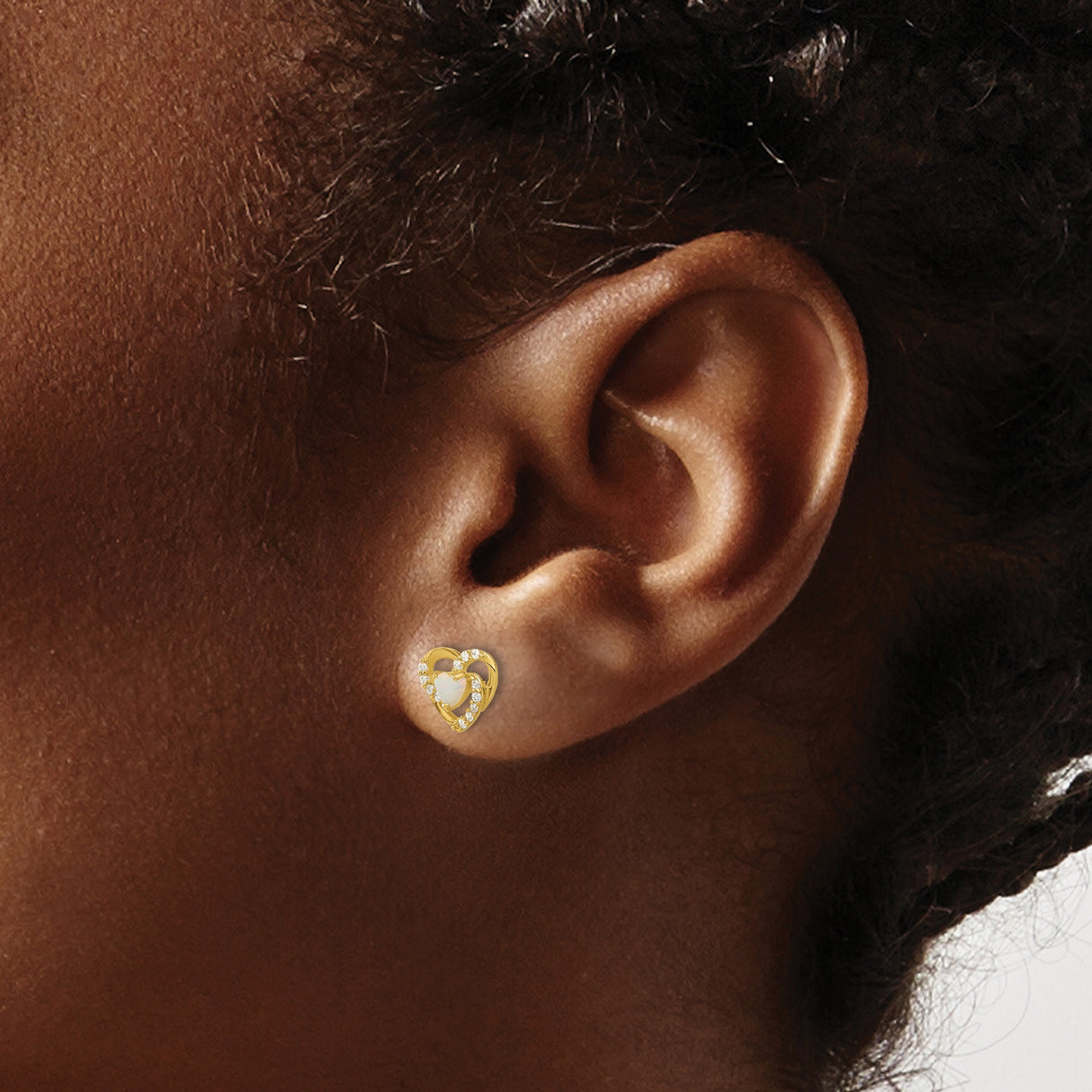14k Yellow Gold Heart Stud Earrings with Lab Created Opal and Cubic Zirconia Accents for Women