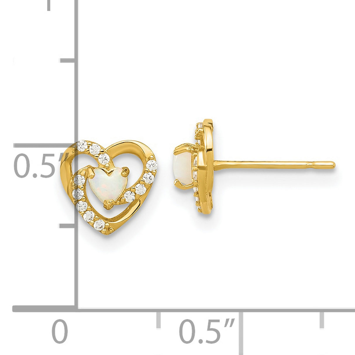 14k Yellow Gold Heart Stud Earrings with Lab Created Opal and Cubic Zirconia Accents for Women