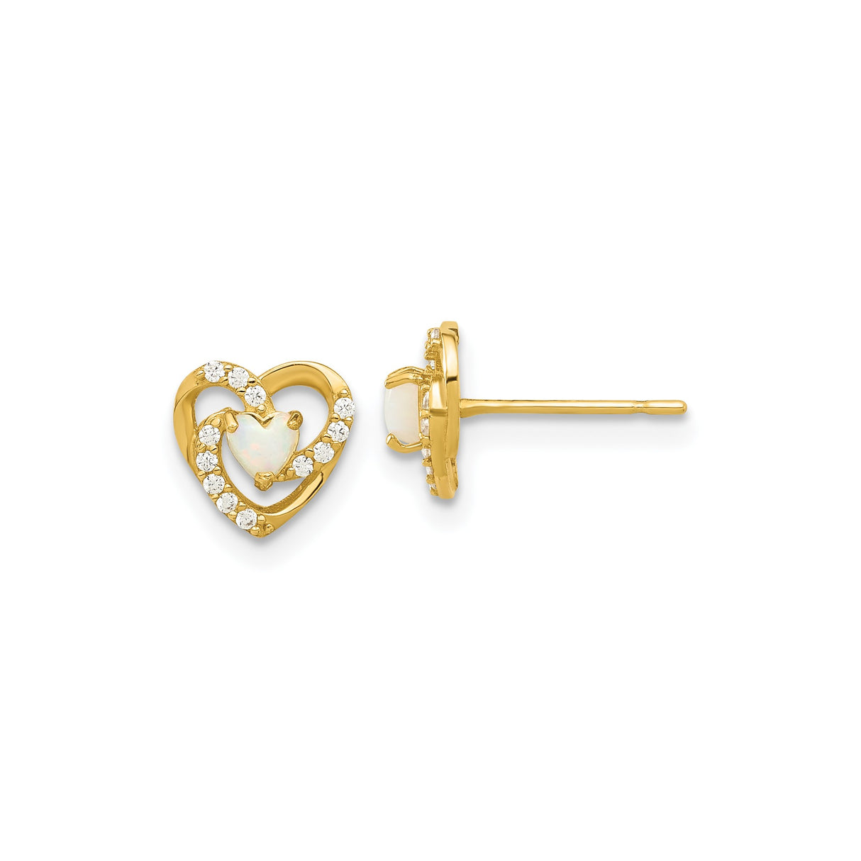 14k Yellow Gold Heart Stud Earrings with Lab Created Opal and Cubic Zirconia Accents for Women