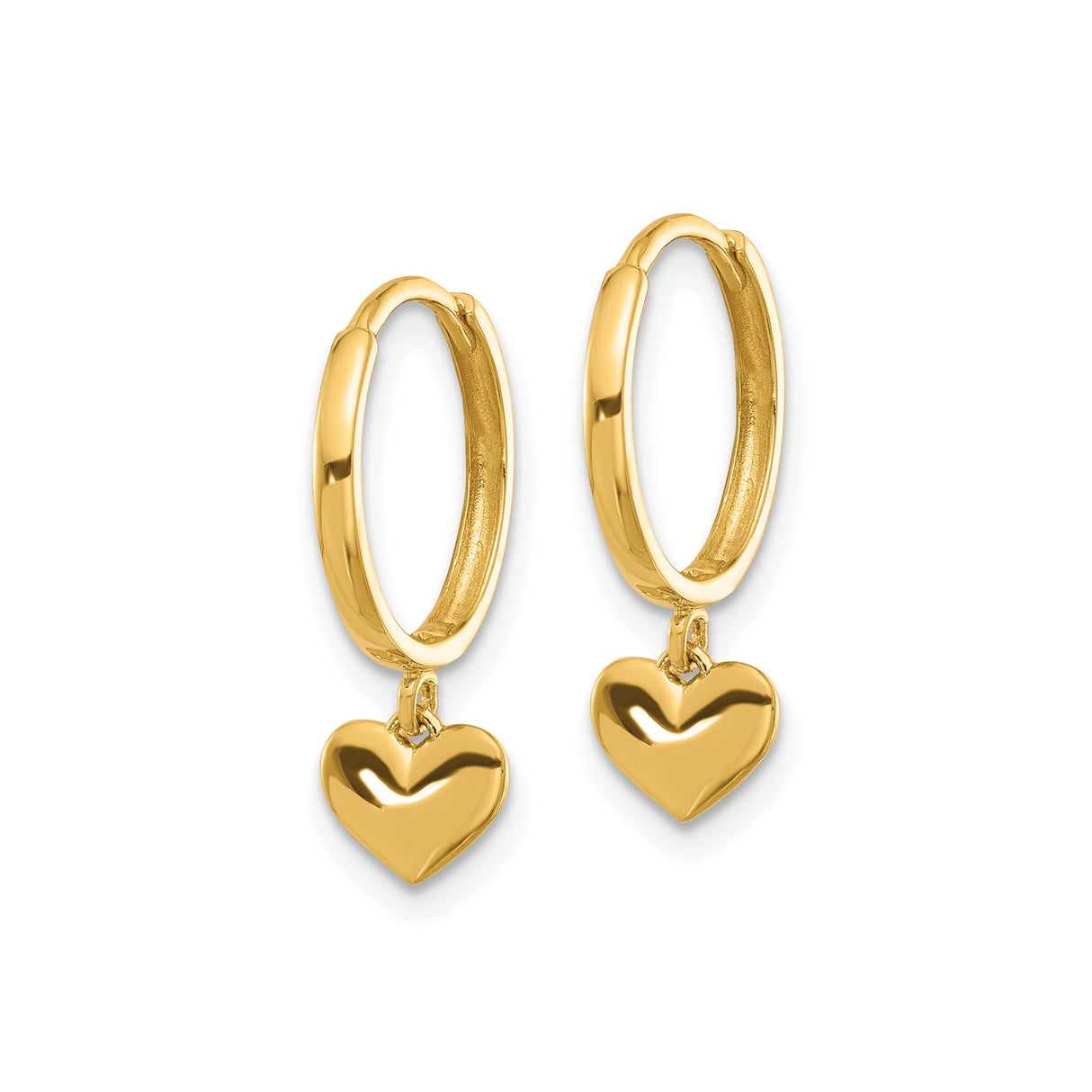 14k Yellow Gold Hoop Earrings with Dangling Heart Charms, Lightweight Polished Design for Women