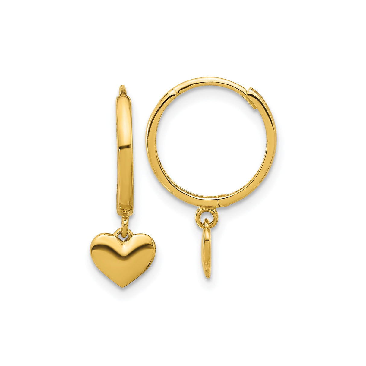 14k Yellow Gold Hoop Earrings with Dangling Heart Charms, Lightweight Polished Design for Women