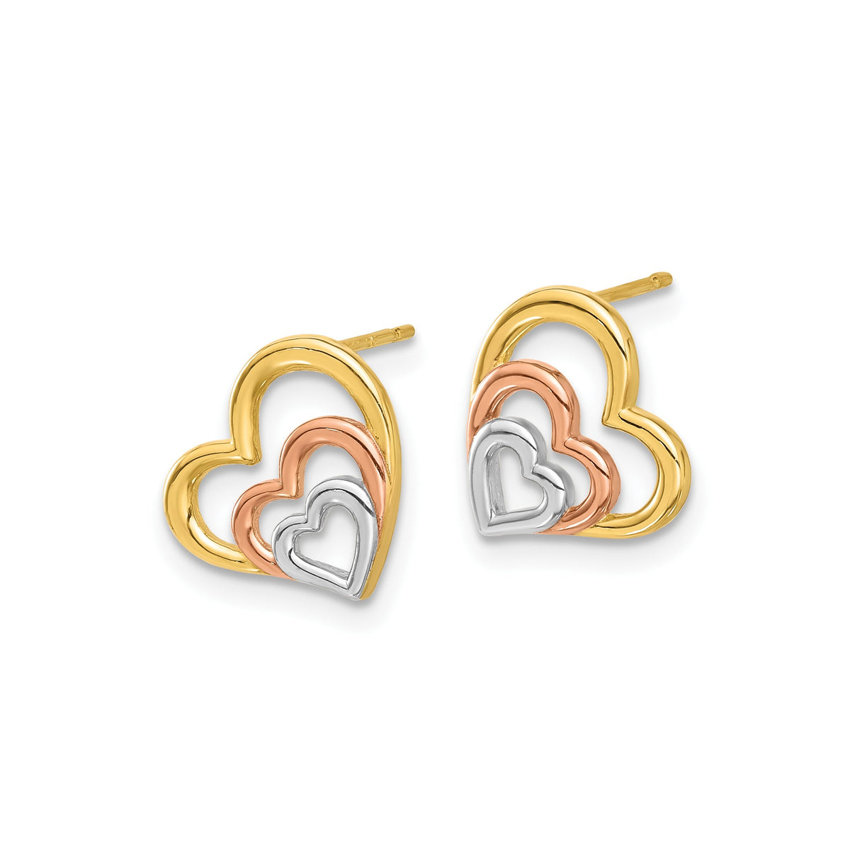 14k Yellow Gold Heart Stud Earrings with Triple Open Heart Design, Multi-Tone Style for Women