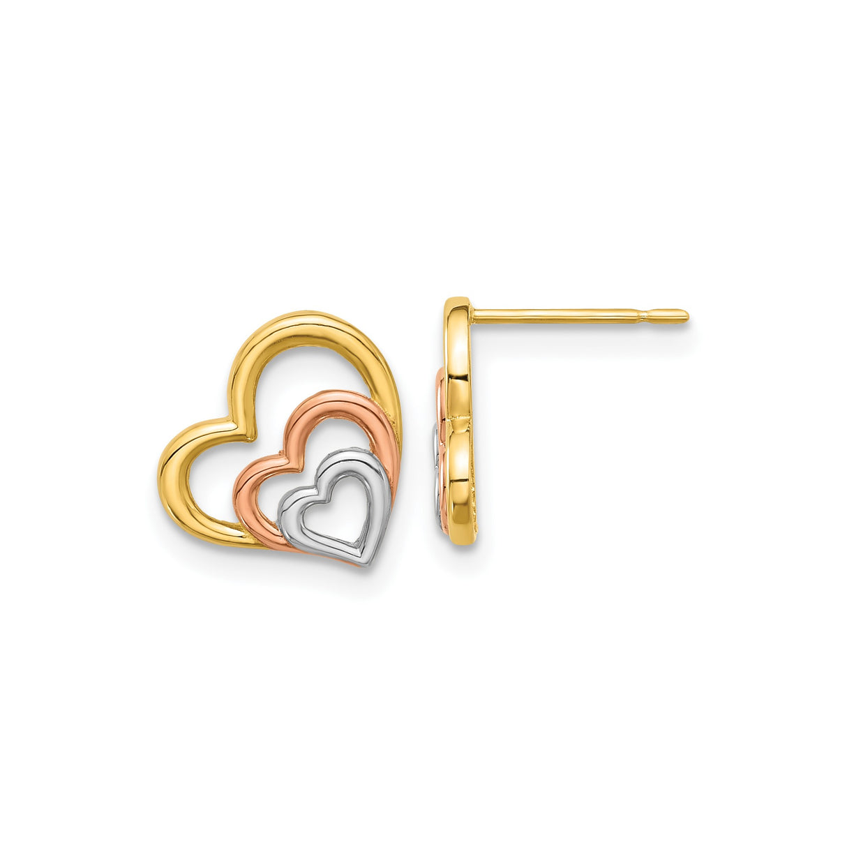 14k Yellow Gold Heart Stud Earrings with Triple Open Heart Design, Multi-Tone Style for Women