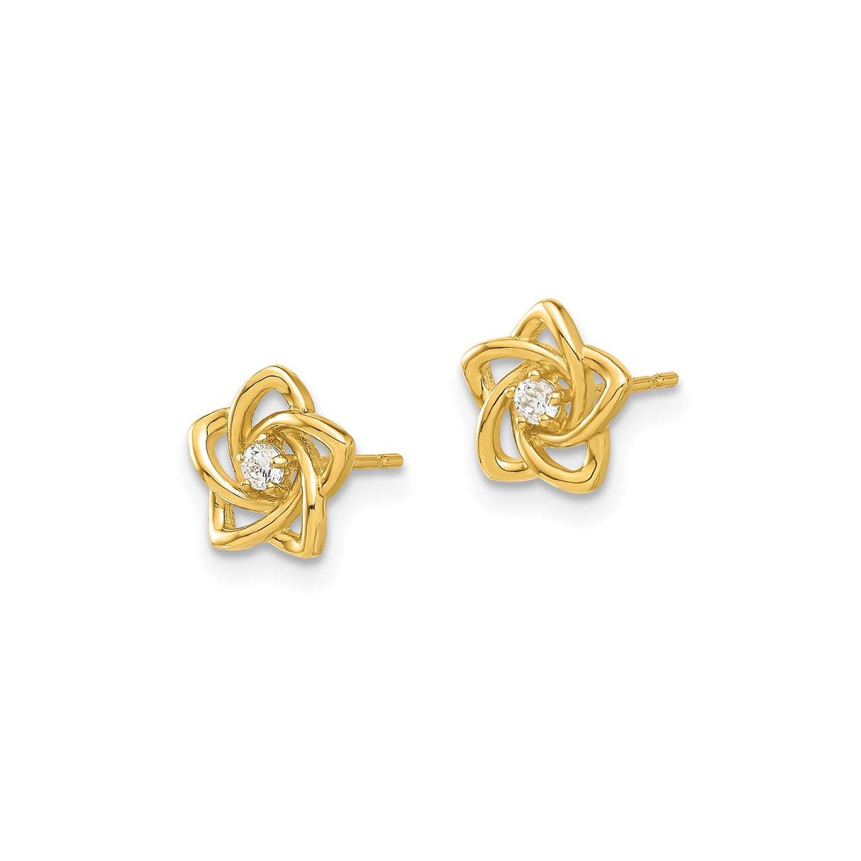 14k Yellow Gold Stud Earrings with Cubic Zirconia, Open Petal Floral Design